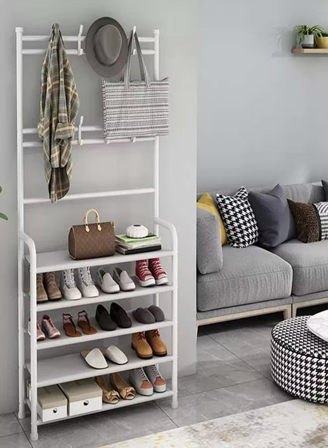 EXCLIFE 5-tier freestanding coat rack and shoe rack with 8 hooks – double-row shoe rack suitable for living room, bedroom or office. - Image 1