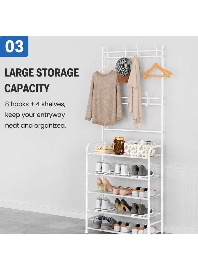 EXCLIFE 5-tier freestanding coat rack and shoe rack with 8 hooks – double-row shoe rack suitable for living room, bedroom or office. - Image 5