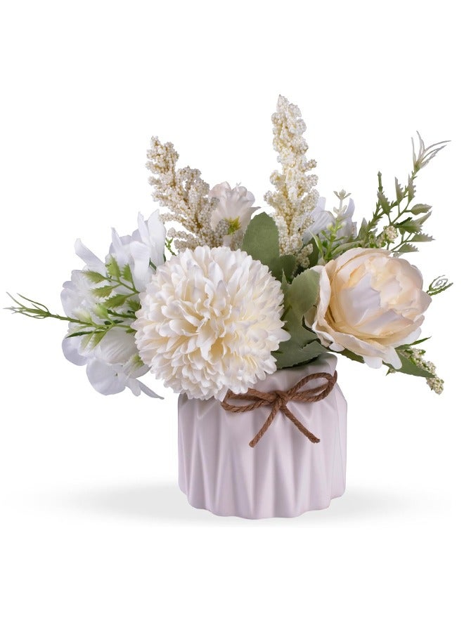 Generic Artificial Potted Flowers White, Small Ceramic Vase Fake Flower Plants Desktop Decoration Indoor for Home and Office, Faux Flowers Hydrangea Decora for Table, Bookshelf, Bedroom, Living Room (White)  - Image 1