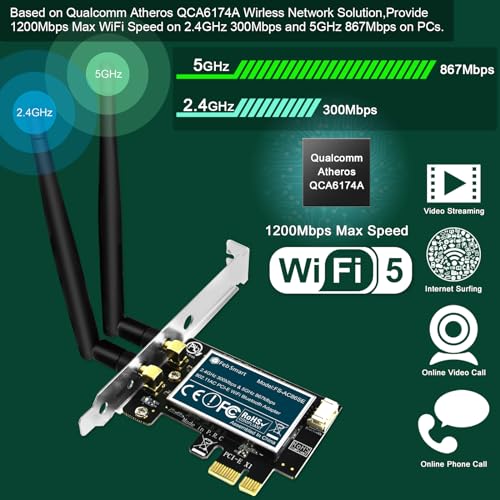FebSmart Wireless-AC Dual Band 1200Mbps (2.4GHz 300Mbps and 5GHz 867Mbps) PCI Express WiFi Card for Windows XP, 7, 8.x, 10, 11 (32/64bit) and Windows Server Desktop PCs, PCIE WiFi Adapter (FS-AC86SE) - Image 2