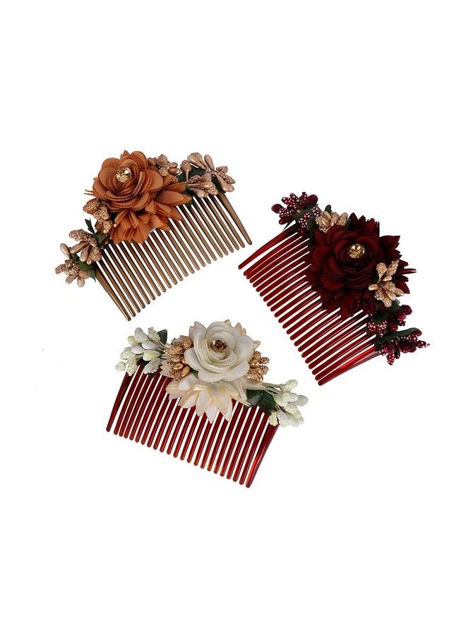 ACCESSHER Indowestern Style Multicolour Acrylic Material Fancy Artificial Flowers Embedded Statement Bridal Hair Comb Pins/Hair Pins For Women Pack Of 3 - Image 1