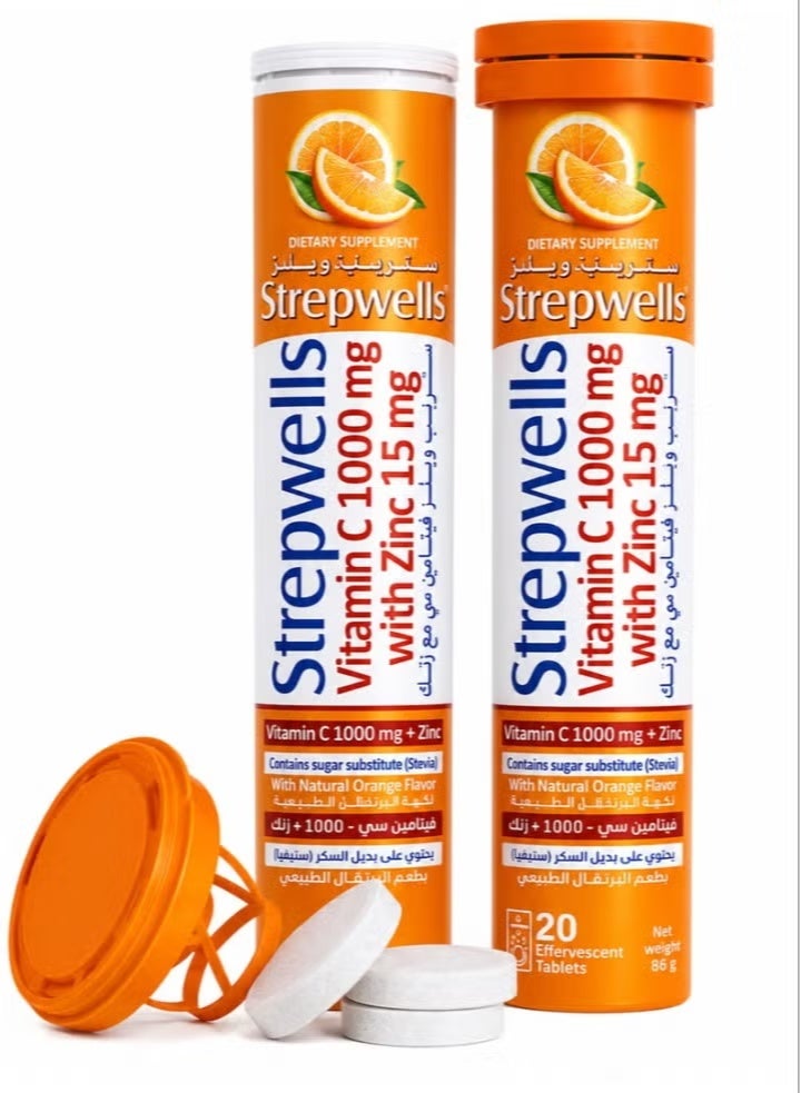 StrepWells Pack Of 2 STREPWELLS Vitamin C 1000MG+ZINC 15MG 20 EFF - Image 1