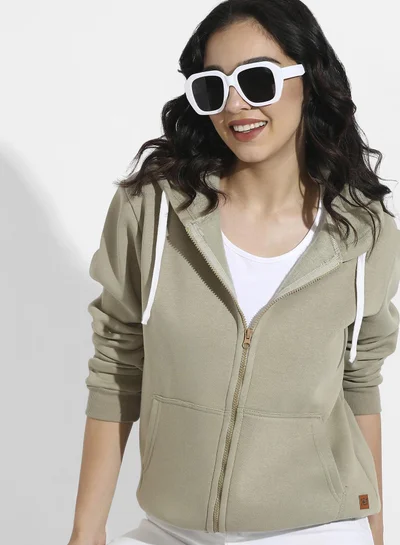 Campus Sutra Women's Olive Green Zip-Front Hoodie With Contrast Drawstring