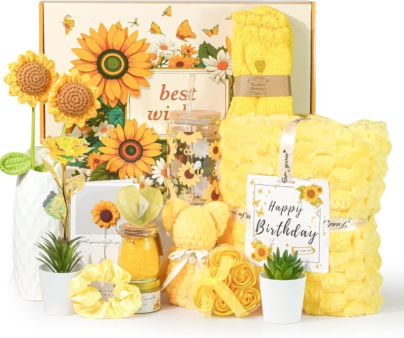 CLTTCLLCT Birthday Gifts for Women Sunflower Pamper Gift,Get Well Soon 14pcs Self Care Gifts for Women,Thinking of You Inspirational Relaxation Gift Baskets,Recovery Present,Feel Better Set for Her Mom Sister - Image 1