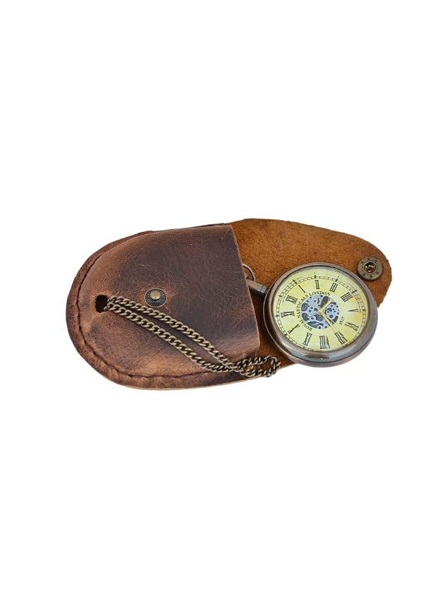 Blue Globe Blue Globe Antique Brass Roman Numerals Clock with Chain and a Brown Leather Case Collectible Gift for Outdoor Maritime Vintage Brass Flat Pocket Compass  - Image 2