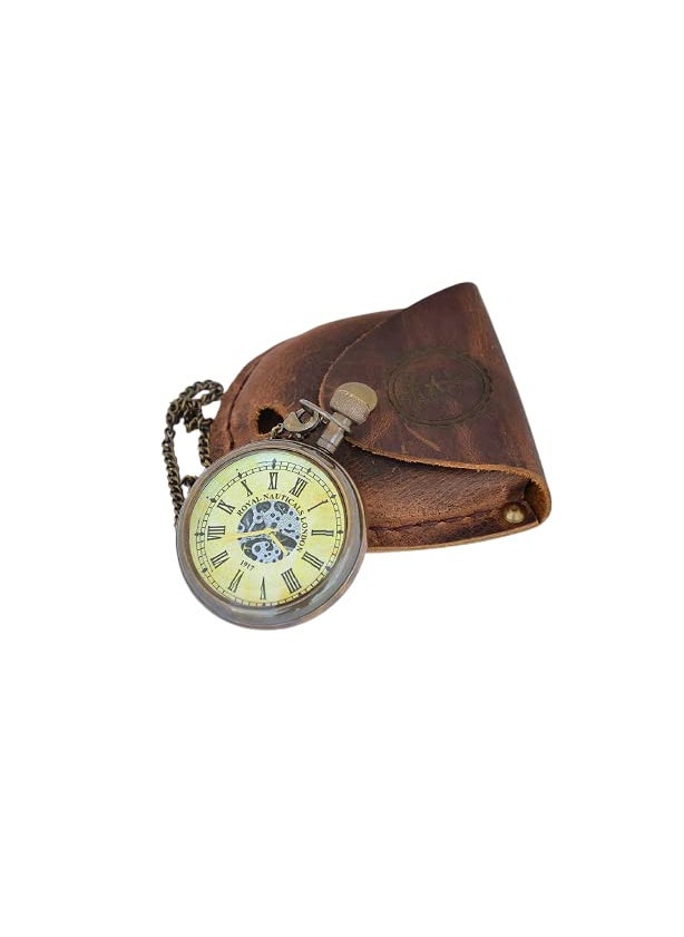 Blue Globe Blue Globe Antique Brass Roman Numerals Clock with Chain and a Brown Leather Case Collectible Gift for Outdoor Maritime Vintage Brass Flat Pocket Compass  - Image 3