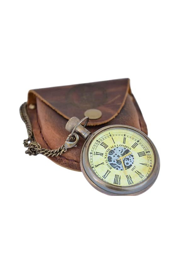 Blue Globe Blue Globe Antique Brass Roman Numerals Clock with Chain and a Brown Leather Case Collectible Gift for Outdoor Maritime Vintage Brass Flat Pocket Compass  - Image 4