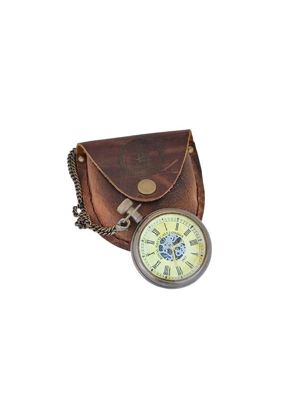 Blue Globe Blue Globe Antique Brass Roman Numerals Clock with Chain and a Brown Leather Case Collectible Gift for Outdoor Maritime Vintage Brass Flat Pocket Compass  - Image 1
