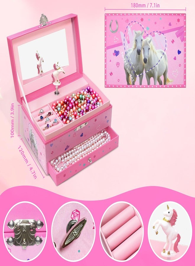 GINMLYDA Horse Musical Jewelry Box for Girls, Kids Music Box with Spinning Unicorn Kids Jewelry Organizer with Drawer 7 x 4.7 x 3.9 in Birthday Gift for Little Girls Age 3 4 5 6 7 8 9 - Pink - Image 5