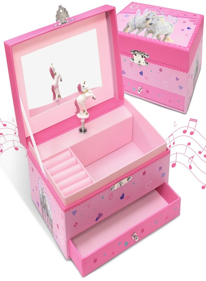 GINMLYDA Horse Musical Jewelry Box for Girls, Kids Music Box with Spinning Unicorn Kids Jewelry Organizer with Drawer 7 x 4.7 x 3.9 in Birthday Gift for Little Girls Age 3 4 5 6 7 8 9 - Pink - Image 1