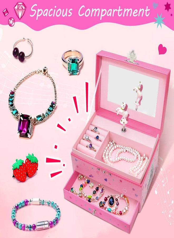 GINMLYDA Horse Musical Jewelry Box for Girls, Kids Music Box with Spinning Unicorn Kids Jewelry Organizer with Drawer 7 x 4.7 x 3.9 in Birthday Gift for Little Girls Age 3 4 5 6 7 8 9 - Pink - Image 3