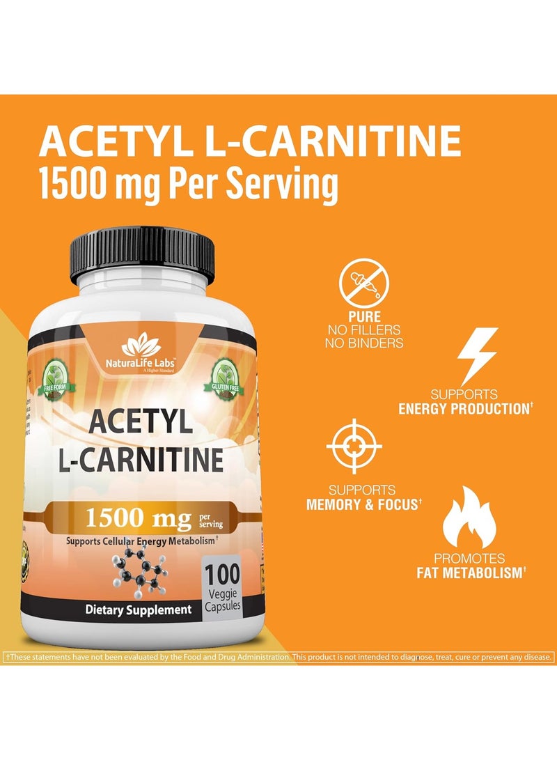 NaturaLife Labs Acetyl L-Carnitine, 1500mg - 100 Veggie Capsules - Image 3