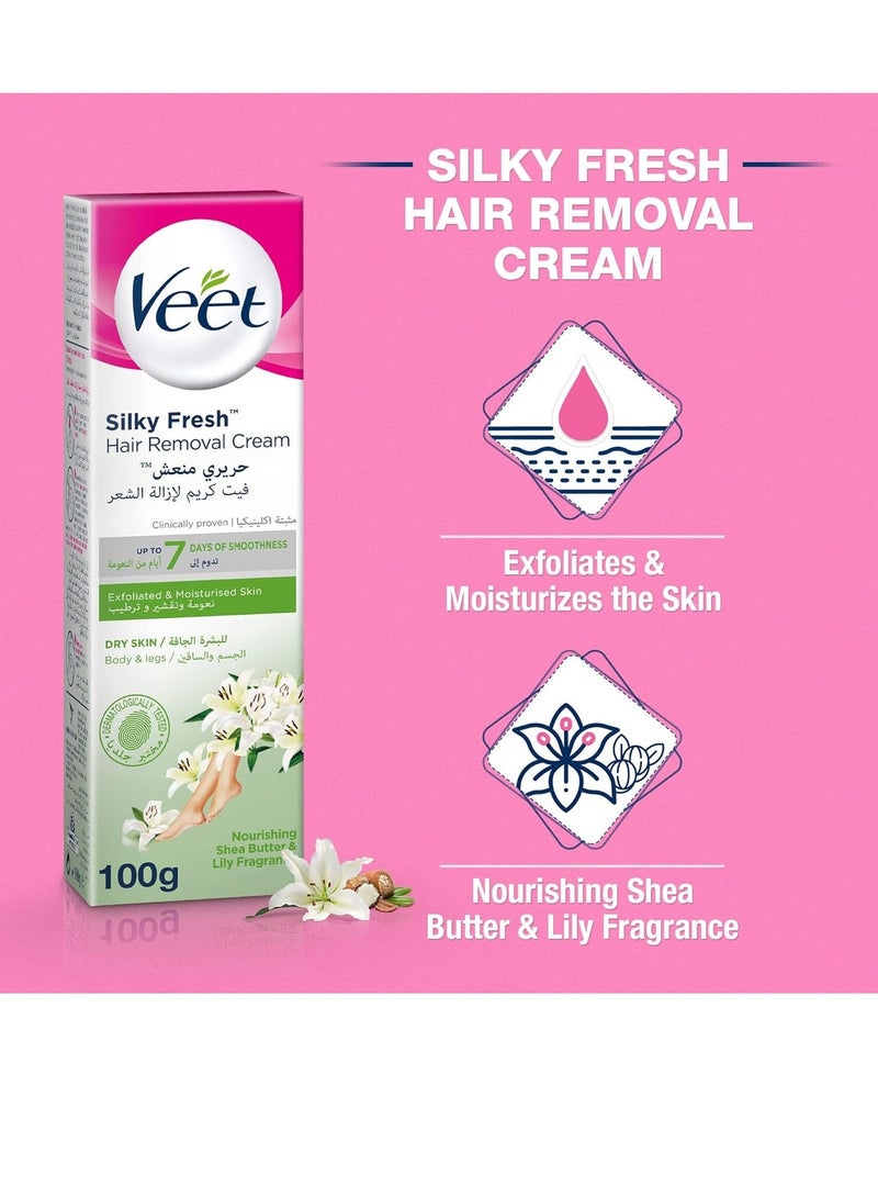 Veet Silky Fresh Hair Removal Cream Body & Legs for Dry Skin, Nourishing Shea Butter & Lily Fragrance – 100g - Image 3