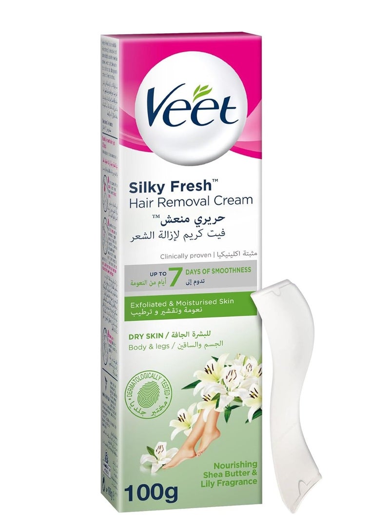 Veet Silky Fresh Hair Removal Cream Body & Legs for Dry Skin, Nourishing Shea Butter & Lily Fragrance – 100g - Image 2