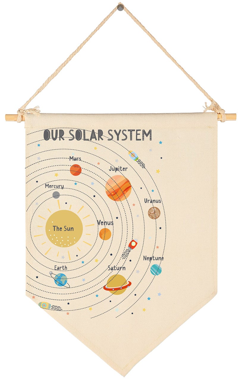 Solar System Educational DecorSpace Decoration GiftCanvas Hanging Pennant Flag Banner Wall Sign Gifts for Nursery Baby Kids Girl Boy Teen Bedroom Playroom Front DoorChristmas Birthday Present