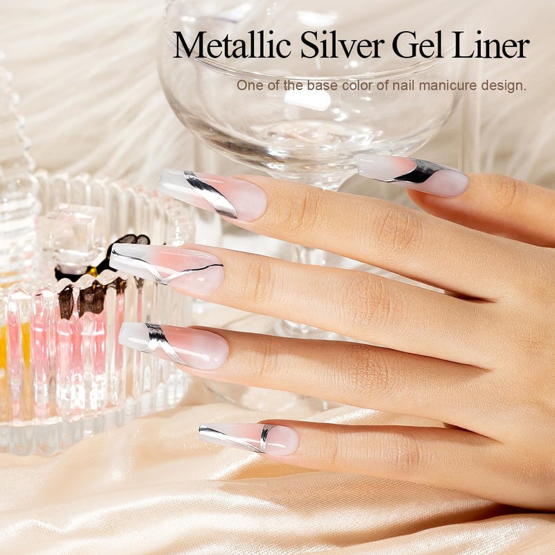 RARJSM Metallic Silver Gel Liner Nail Art 3D Mirror Chrome Effect Gel Nail Polish 8ml Build in Thin Brush Metal Painted Drawing Striper Gel Polish Soak off Curing Requires for Home Salon Diy Painting - Image 3