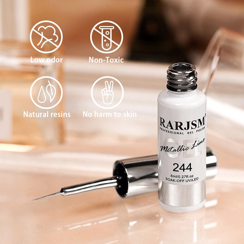 RARJSM Metallic Silver Gel Liner Nail Art 3D Mirror Chrome Effect Gel Nail Polish 8ml Build in Thin Brush Metal Painted Drawing Striper Gel Polish Soak off Curing Requires for Home Salon Diy Painting - Image 2