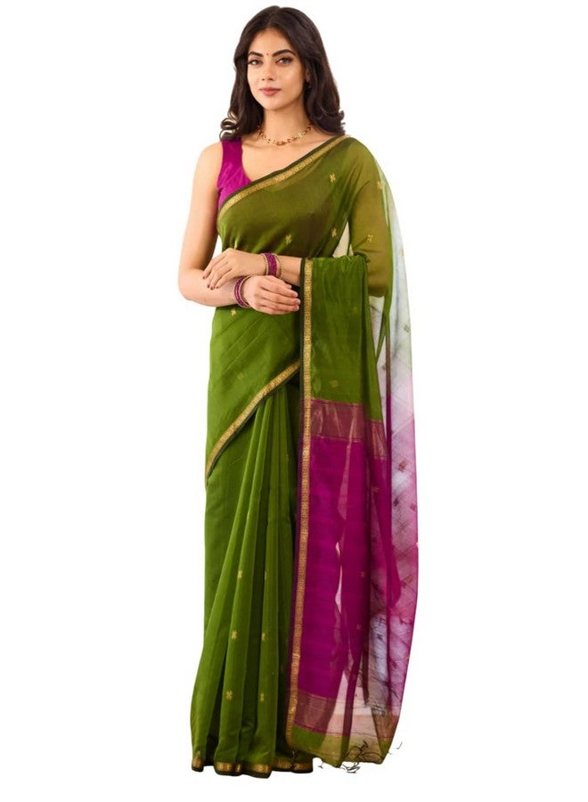 Women's Cotton Blend Saree With Gold-Toned Zari Work & Blouse Piece (kp-5034-mehendi-magenta-gnc)  - Image 1