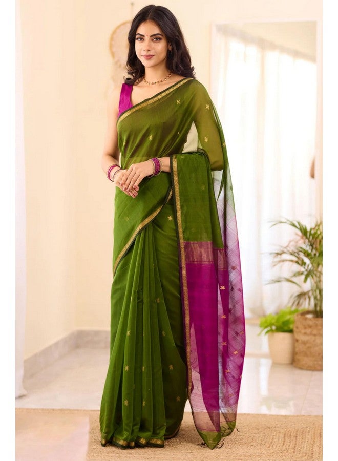 Women's Cotton Blend Saree With Gold-Toned Zari Work & Blouse Piece (kp-5034-mehendi-magenta-gnc)  - Image 5