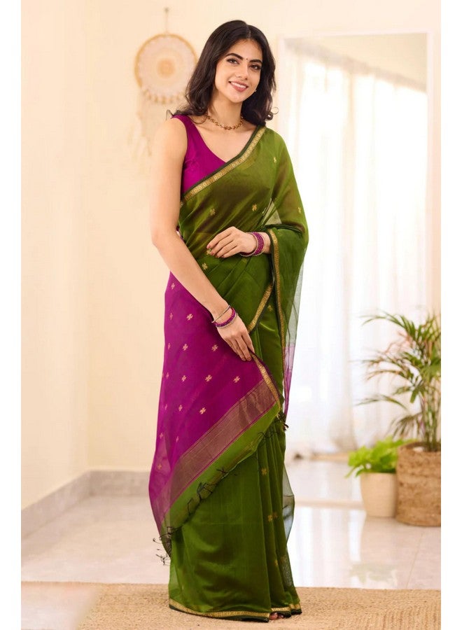 Women's Cotton Blend Saree With Gold-Toned Zari Work & Blouse Piece (kp-5034-mehendi-magenta-gnc)  - Image 4