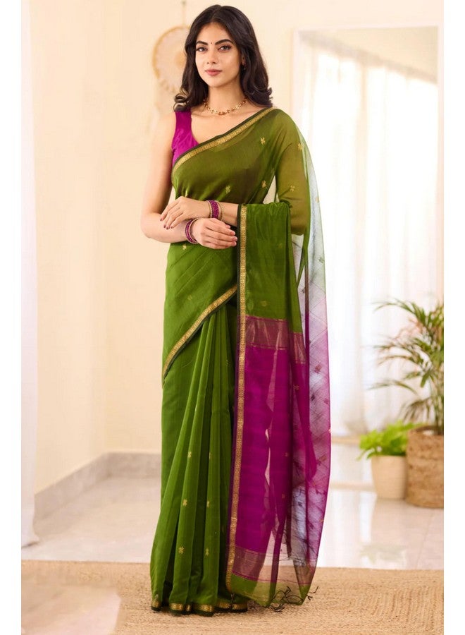 Women's Cotton Blend Saree With Gold-Toned Zari Work & Blouse Piece (kp-5034-mehendi-magenta-gnc)  - Image 2