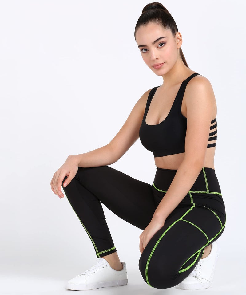 Rock Paper Scissors Women's Skinny Fit Polyester Blend Leggings (ONSWG-TIGHTS-TW-BLAKGREEN-XL_Black, Neon Green_XL) | Rise Style: High Rise - Image 3