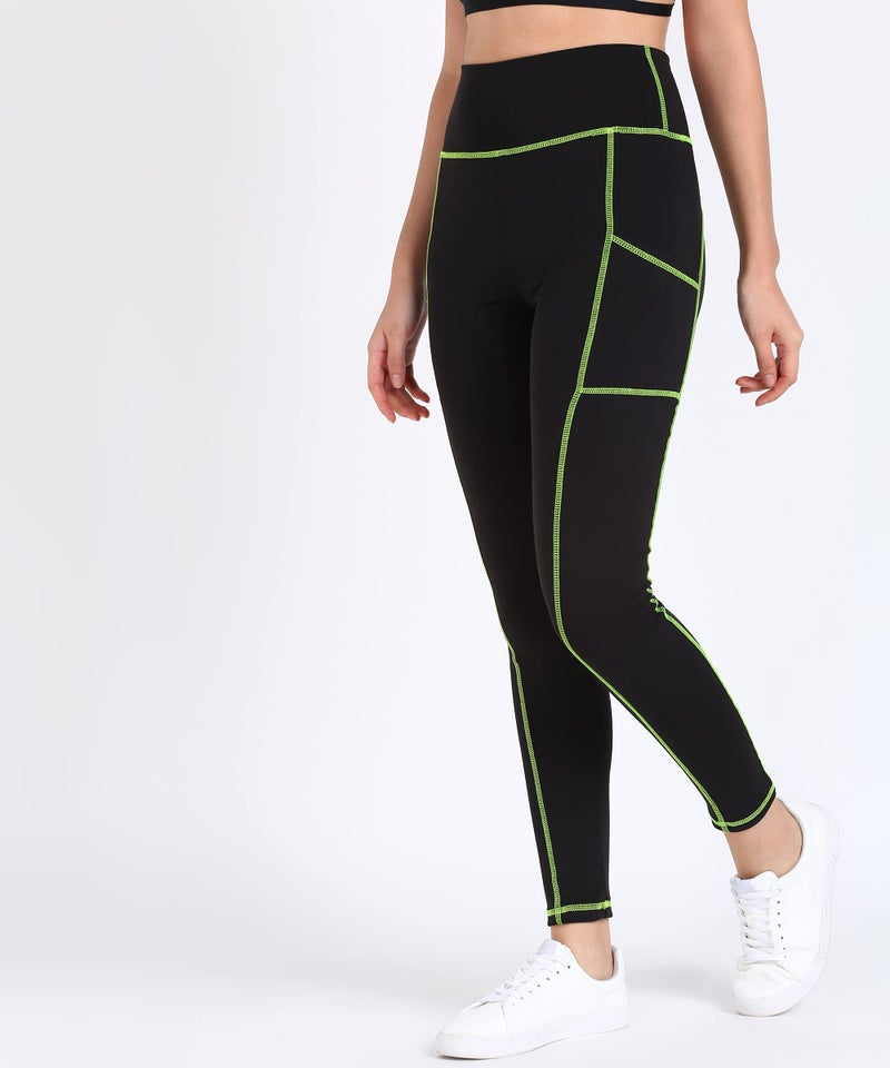 Rock Paper Scissors Women's Skinny Fit Polyester Blend Leggings (ONSWG-TIGHTS-TW-BLAKGREEN-XL_Black, Neon Green_XL) | Rise Style: High Rise - Image 4
