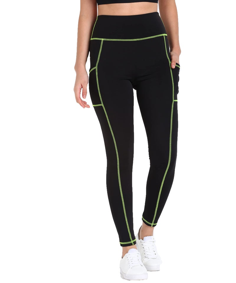 Rock Paper Scissors Women's Skinny Fit Polyester Blend Leggings (ONSWG-TIGHTS-TW-BLAKGREEN-XL_Black, Neon Green_XL) | Rise Style: High Rise - Image 1