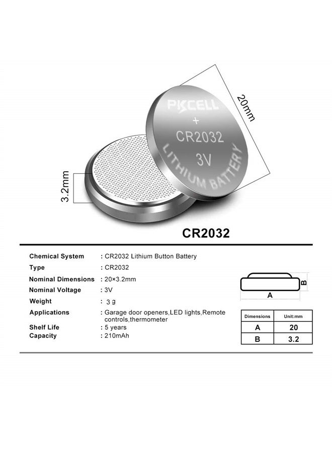 PKCELL 2032 بطارية 3 فولت، بطارية ليثيوم 3 فولت CR2032، بطارية ساعة 2032، 100 عدّاد - Image 2