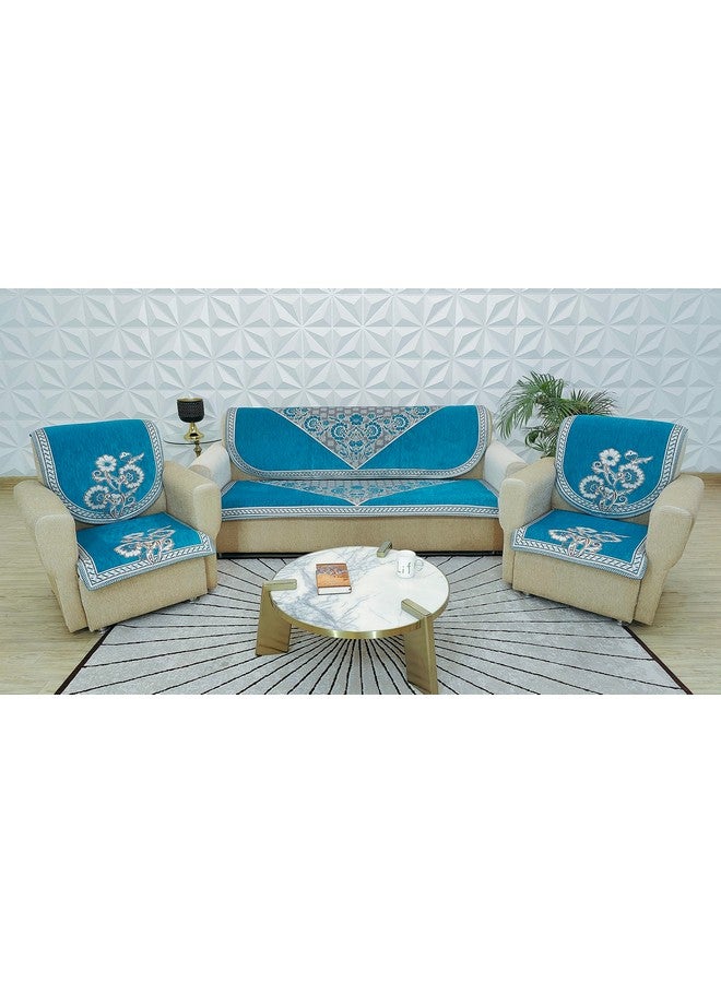 KREEVA Velvet Chenille Sofa Cover | for 5 Seater (3+1+1) Sofa | (Florida Firozi, 6 Piece Set) | Sofa Slipcovers - Image 1