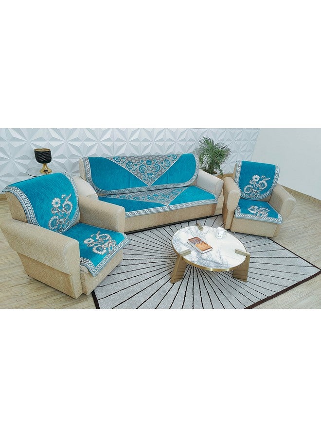 KREEVA Velvet Chenille Sofa Cover | for 5 Seater (3+1+1) Sofa | (Florida Firozi, 6 Piece Set) | Sofa Slipcovers - Image 4