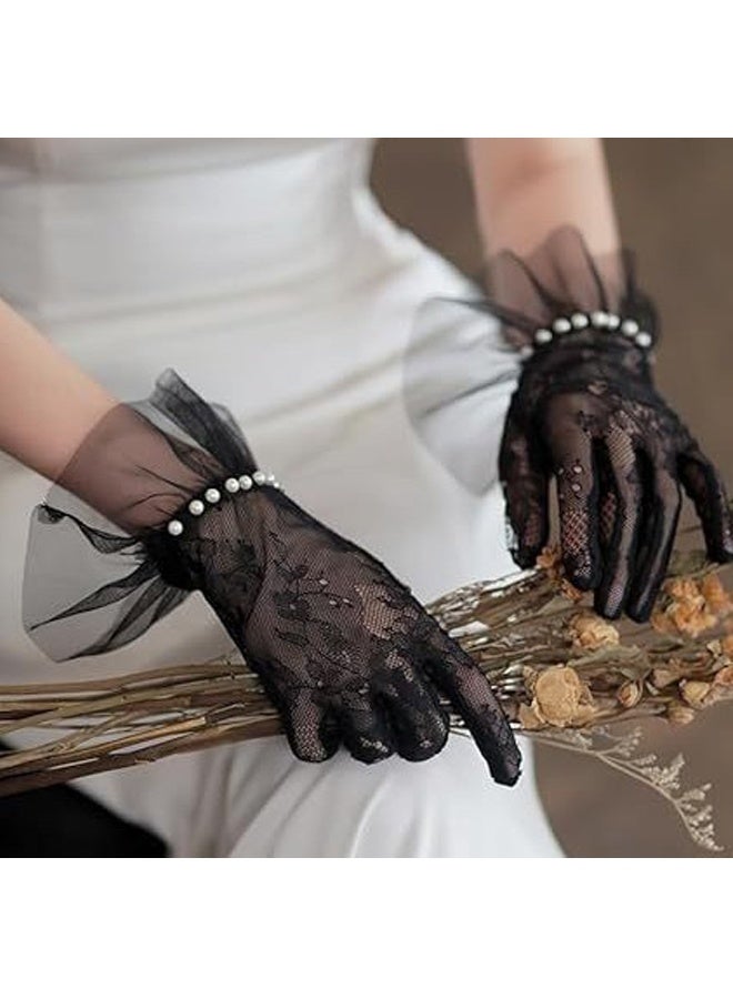 Women's Lace Gloves - Elegant Short Lace Net Gloves for Bridal Wear - Sheer Delicate Lace Pearl Gloves for Weddings, Formal Events, Tea Parties, Opera, for Bridal Gowns （back） - Image 1