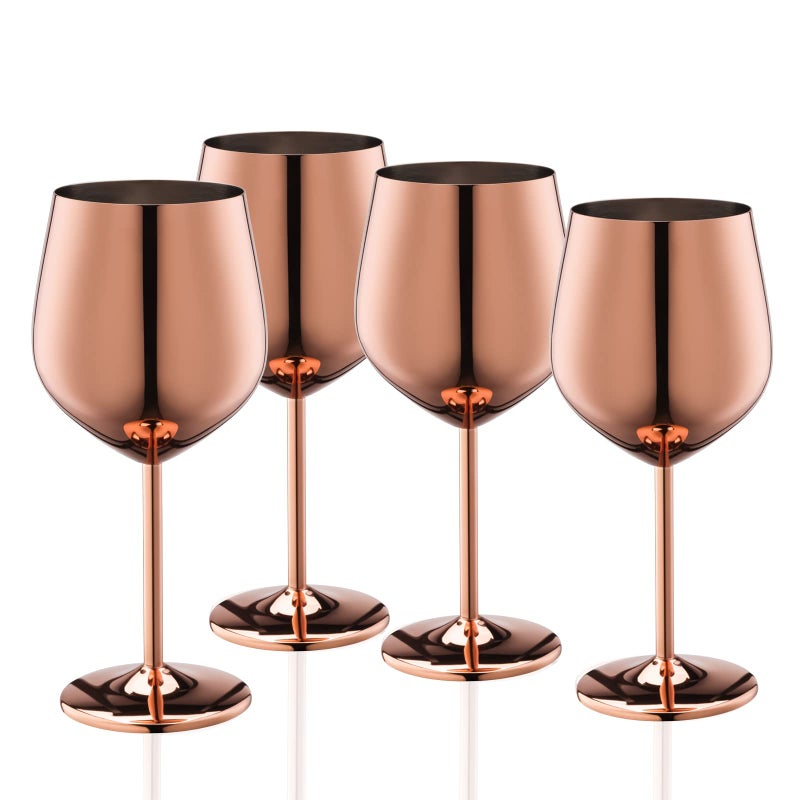 WOTOR Rose Gold Wine Glasses Set of 4 18oz Copper Stainless Steel Unbreakable Metal Glass for Outdoor Travel Camping Ideal Wine Accessories Gift