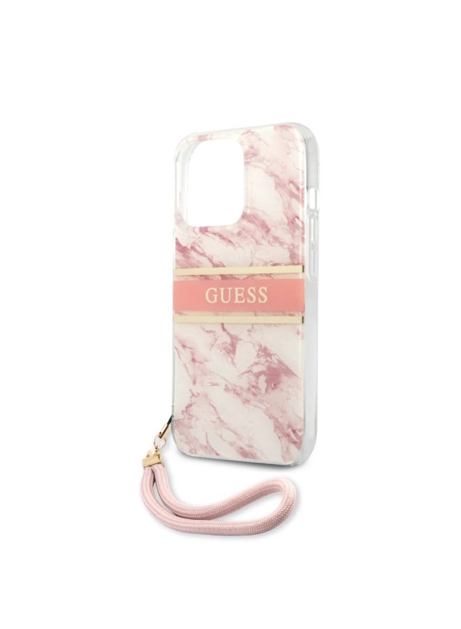 GUESS iPhone 13 Pro PC/TPU Case Marble Design and Stripe with Nylon Strap, Anti-Scratch, Easy Access to All Ports & Shock Absorption, Suitable with Wireless Charging - Pink - Image 4