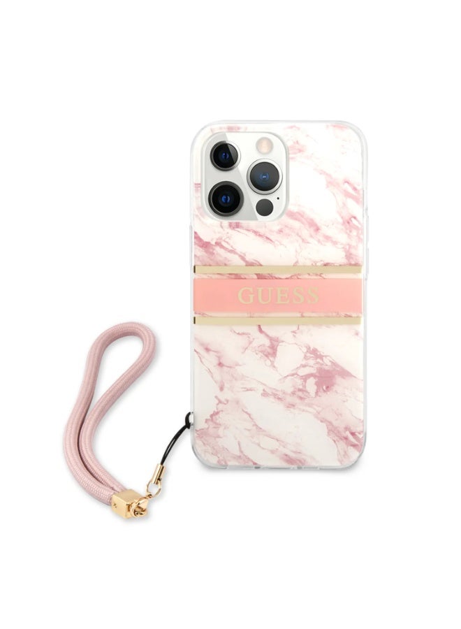 GUESS iPhone 13 Pro PC/TPU Case Marble Design and Stripe with Nylon Strap, Anti-Scratch, Easy Access to All Ports & Shock Absorption, Suitable with Wireless Charging - Pink - Image 1