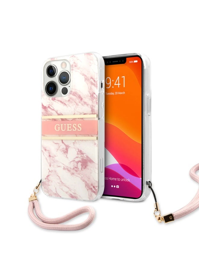 GUESS iPhone 13 Pro PC/TPU Case Marble Design and Stripe with Nylon Strap, Anti-Scratch, Easy Access to All Ports & Shock Absorption, Suitable with Wireless Charging - Pink - Image 2