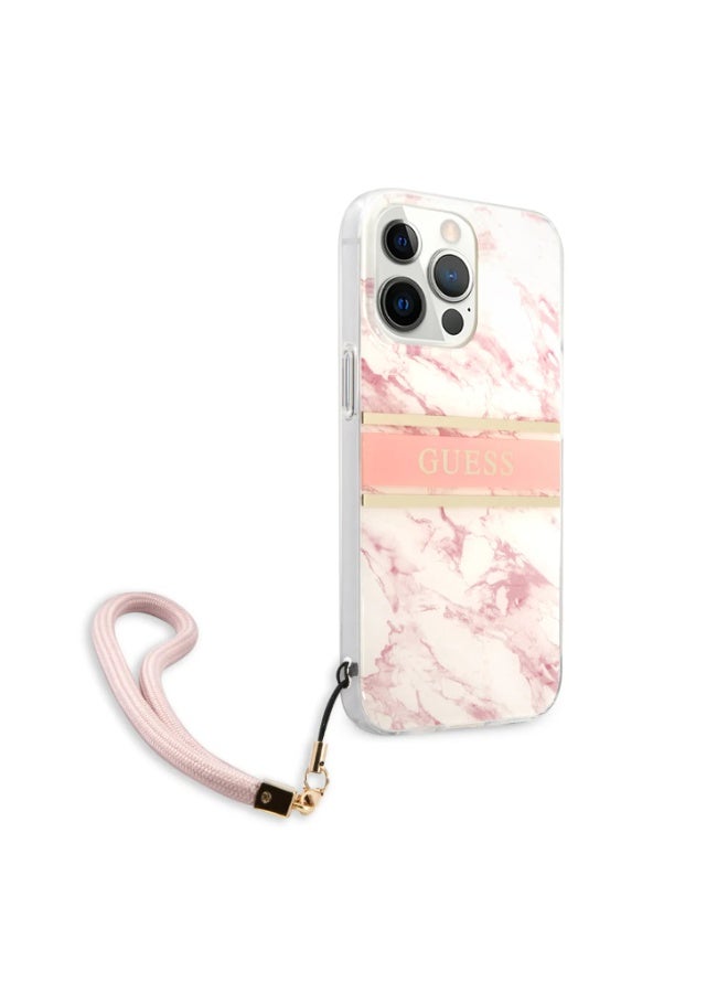 GUESS iPhone 13 Pro PC/TPU Case Marble Design and Stripe with Nylon Strap, Anti-Scratch, Easy Access to All Ports & Shock Absorption, Suitable with Wireless Charging - Pink - Image 3