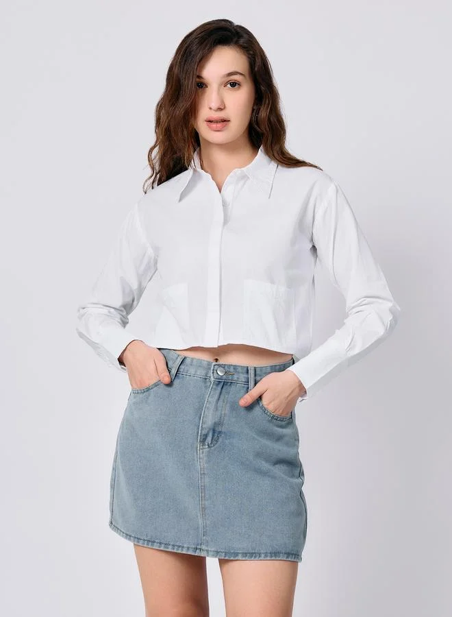 أوجيدر بلوزة قطن قصيرة سادة بشريط ازرار مخفي