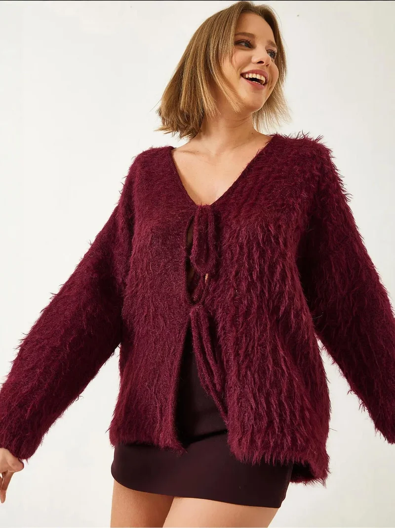 Bianco Lucci LUCCI Textured Knitwear V-Neck Long Cardigan with Pompom