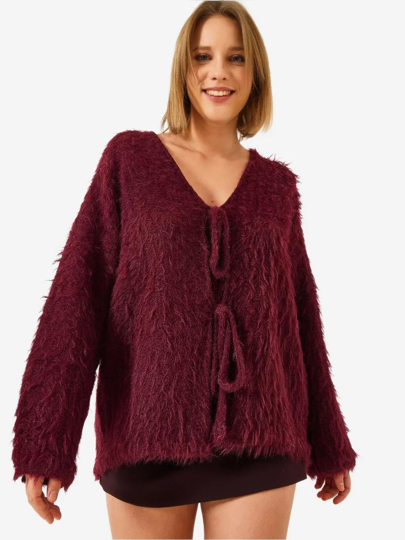 Bianco Lucci LUCCI Textured Knitwear V-Neck Long Cardigan with Pompom