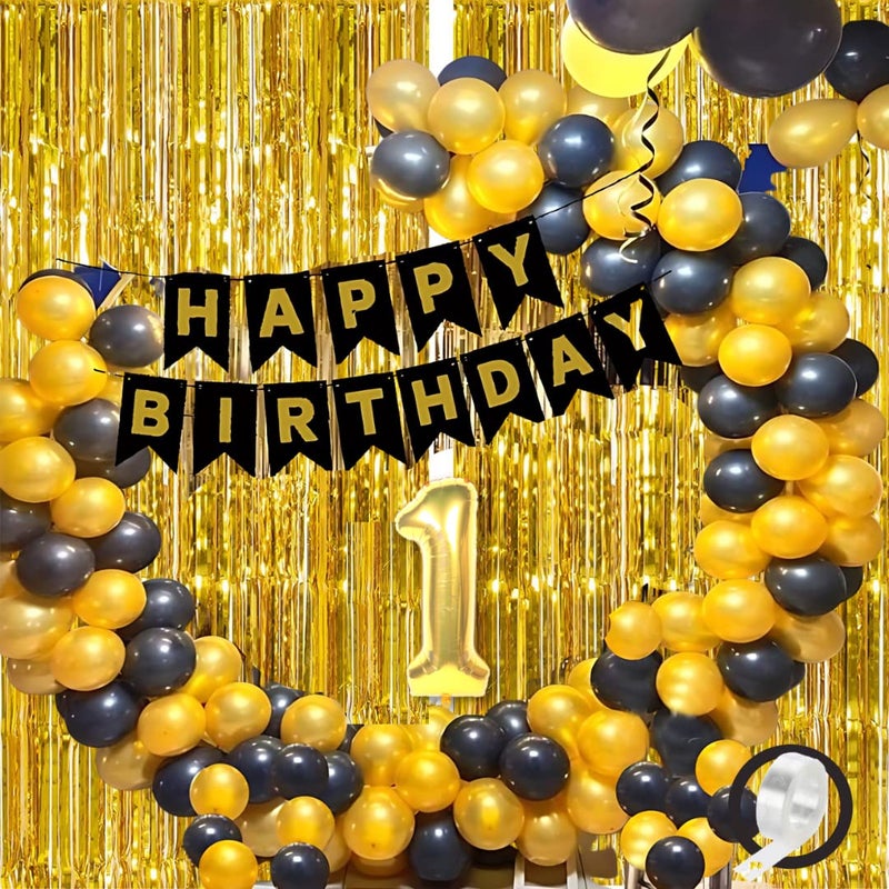 Flyloons 1st Black Gold Happy Birthday Decoration for Girls Kids Boys with Black Happy Birthday Banner,Black,Gold Balloons, Golden Foil Curtain,Arch Tape birthday decoration items for room - Image 5