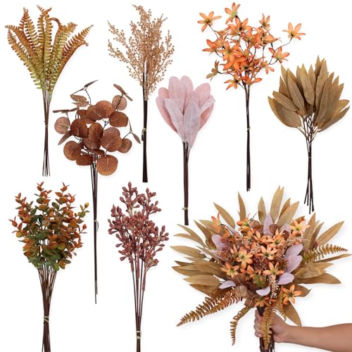 YXZZWL Artificial Greenery Stems Box Set for Fall Decorations70 Pcs with 8 Kinds of Faux Eucalyptus Branches for Autumn Wedding DIY Bouquets Floral Arrangement Table Centerpieces Brown Orange - Image 1