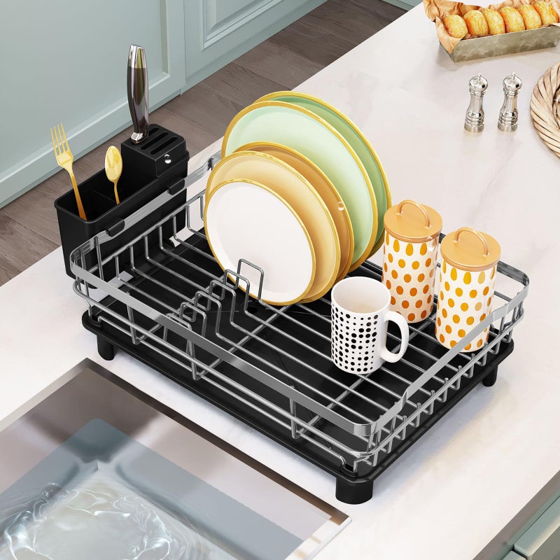 GAXmi Dish Drying Rack Over The Sink Drainer with Drainboard Utensil Holder 1Tier Grey