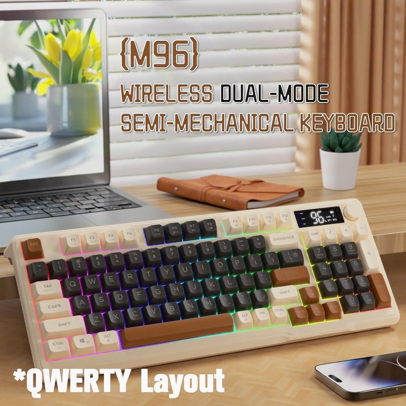 LexonElec M96 Wireless Gaming Keyboard, Dual Mode 2.4G and BT5.0, Semi-Mechanical 90% Membrane Keyboard with Display and Knob, PBT Keypad 94 Keys Rainbow Backlit, 3000 mAh Rechargeable – Coffee - Image 2
