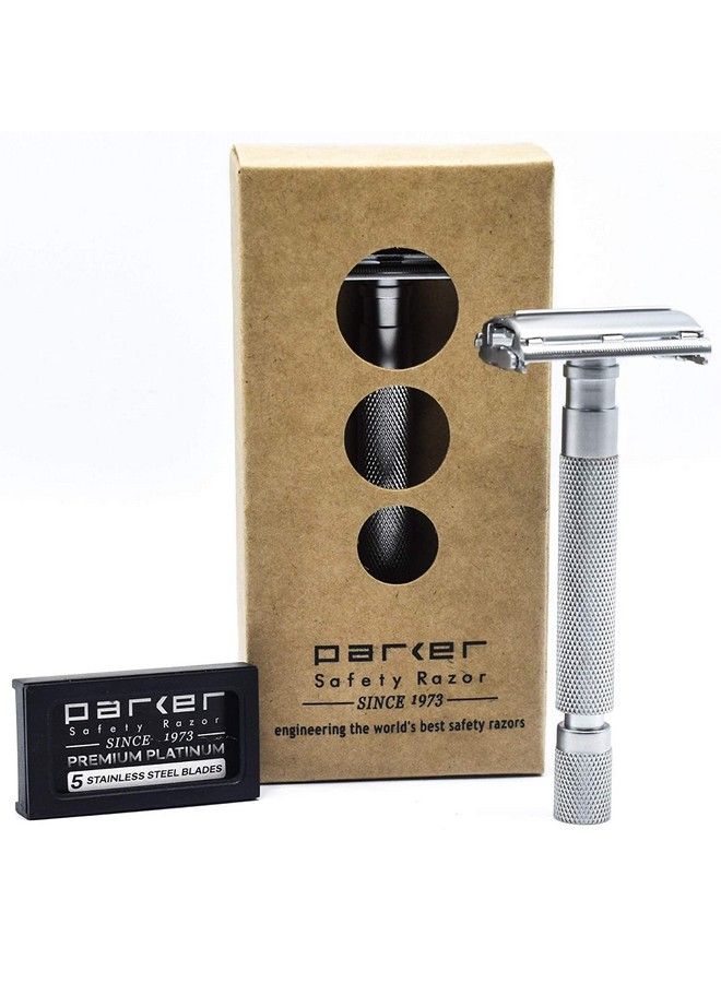 Parker Safety Razor موس حلاقة باركر 74R بمقبض طويل من الكروم الساتاني، ثقيل الوزن، بتصميم فراشة مفتوح، حلاقة آمنة للرجال، مع 5 شفرات حلاقة باركر بلاتينية مزدوجة الحافة مرفقة. - Image 1