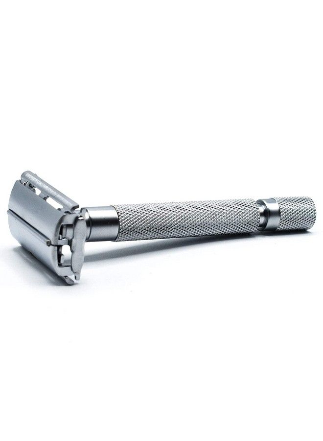 Parker Safety Razor موس حلاقة باركر 74R بمقبض طويل من الكروم الساتاني، ثقيل الوزن، بتصميم فراشة مفتوح، حلاقة آمنة للرجال، مع 5 شفرات حلاقة باركر بلاتينية مزدوجة الحافة مرفقة. - Image 4