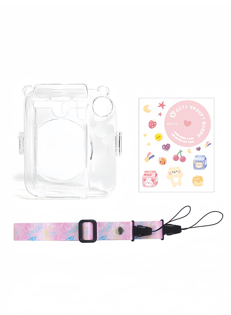 SUNDAREE جراب شفاف متوافق مع كاميرا فوجي إنستاكس ميني 12، حقيبة حمل لكاميرا فوجي فيلم إنستاكس ميني 12 الفورية مع جيب لتخزين الصور، وحزام، وملصق لطيف - وردي - Image 3