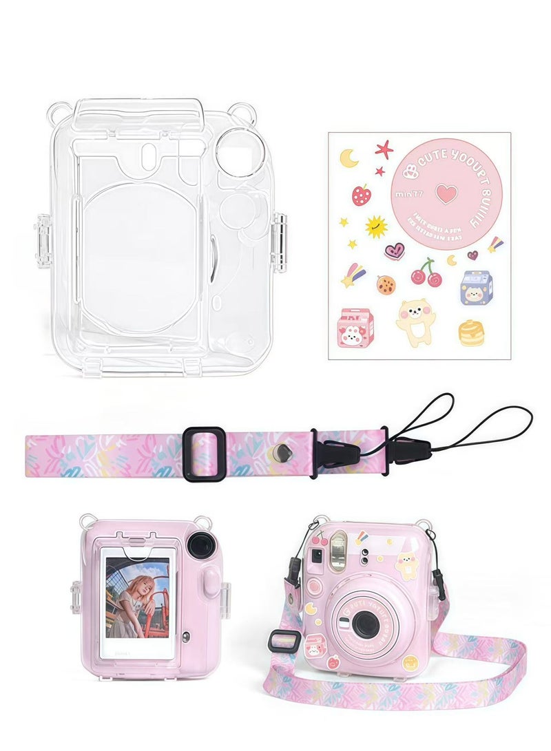 SUNDAREE جراب شفاف متوافق مع كاميرا فوجي إنستاكس ميني 12، حقيبة حمل لكاميرا فوجي فيلم إنستاكس ميني 12 الفورية مع جيب لتخزين الصور، وحزام، وملصق لطيف - وردي - Image 1