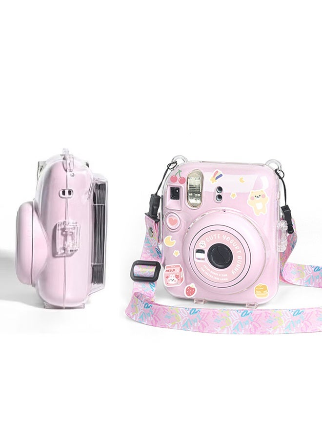 SUNDAREE جراب شفاف متوافق مع كاميرا فوجي إنستاكس ميني 12، حقيبة حمل لكاميرا فوجي فيلم إنستاكس ميني 12 الفورية مع جيب لتخزين الصور، وحزام، وملصق لطيف - وردي - Image 2