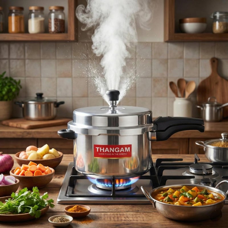 Thangam Aluminium Large Pressure Cooker 7.5 Litre | Heavy Gauge Cooker for Gas Stove | Durable Virgin Aluminium Body | Fast Cooking Silver Kitchen Cookware (7.5 Litre) - Image 3